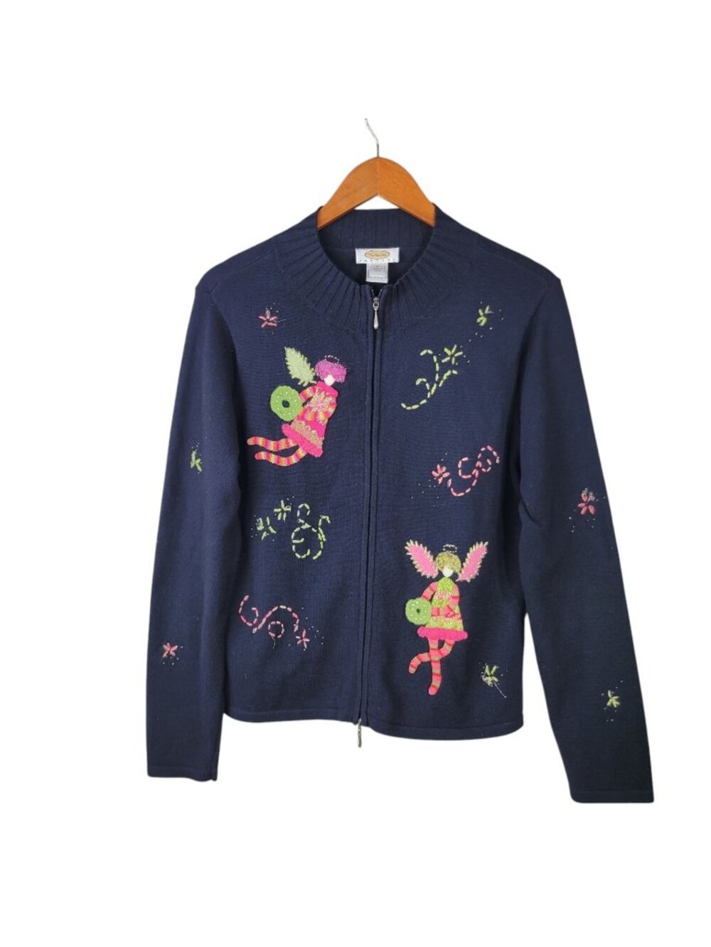Vintage Talbots Christmas Cardigan sweater Large Petite Appliqué Angels Fairy